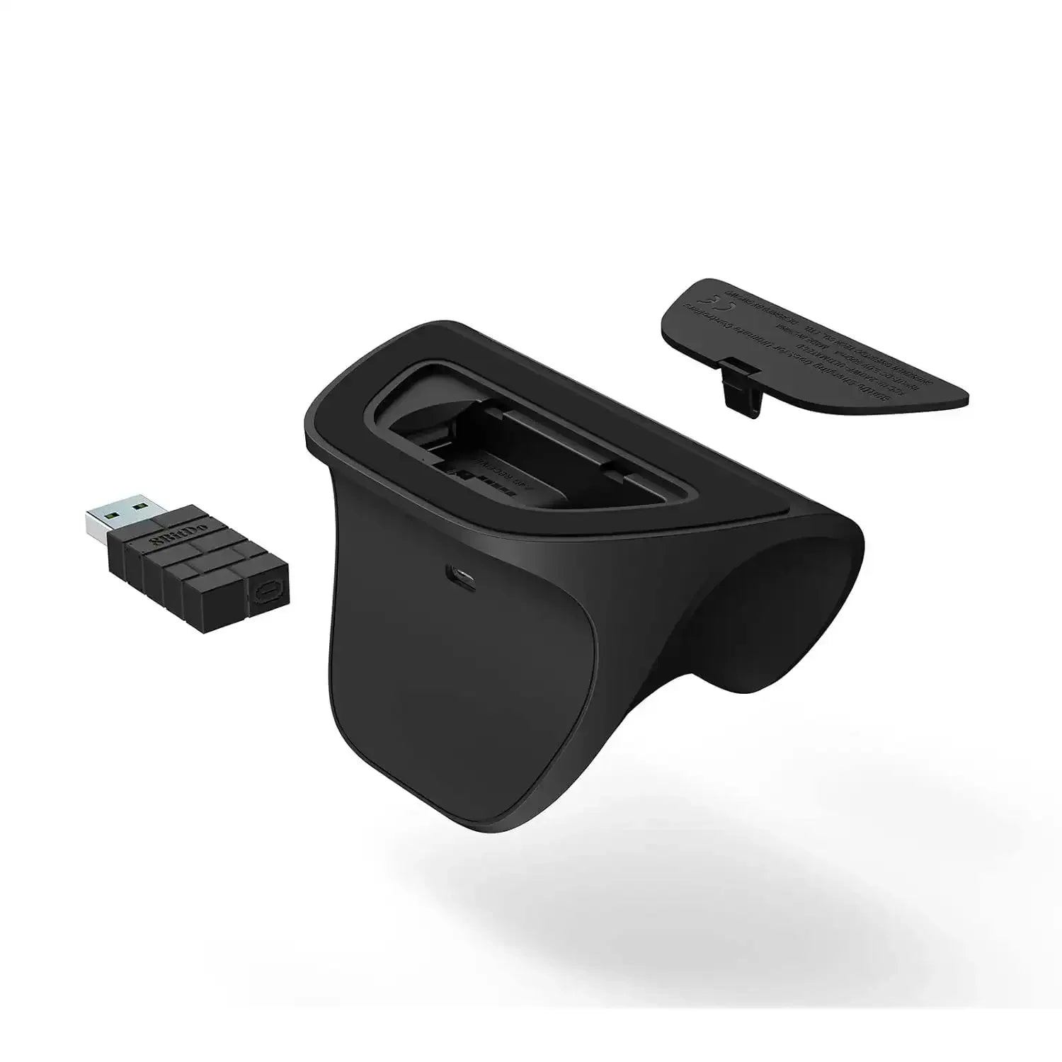 Czarny odbiornik USB z podstawą, elementami do biura i zestawu desk setup, na białym tle.