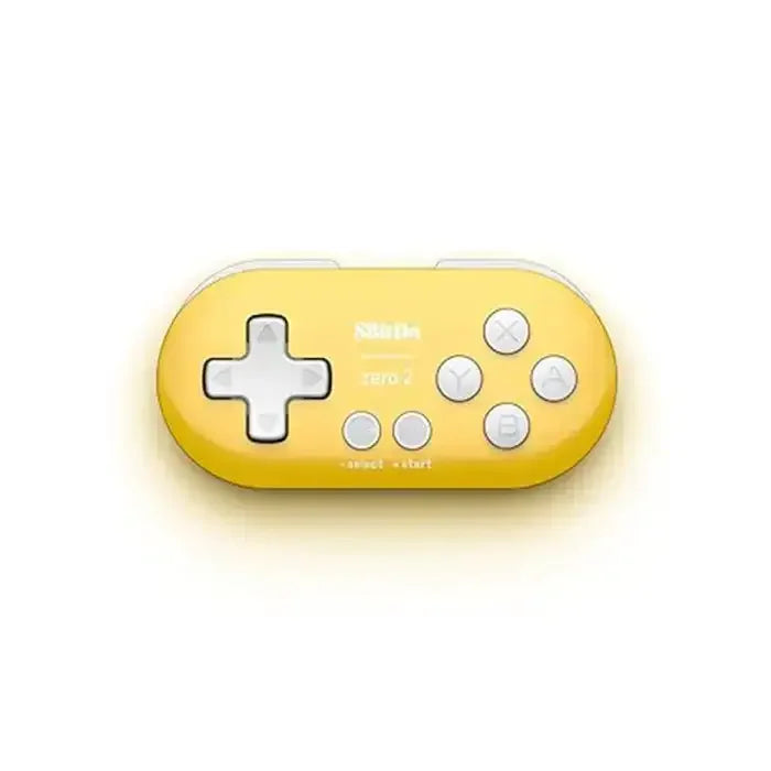 Żółty mini kontroler do gier z białymi przyciskami, retro gamepad Bluetooth