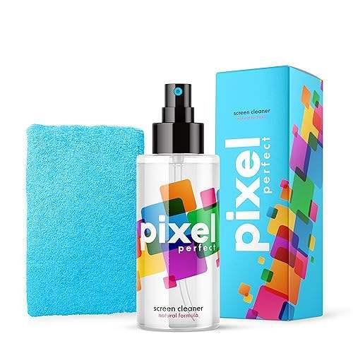 Zestaw do czyszczenia ekranu, spray Pixel Perfect, ściereczka i kolorowe opakowanie.