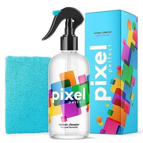 Zestaw do czyszczenia ekranu: płyn Pixel Perfect, ściereczka i kolorowe opakowanie.
