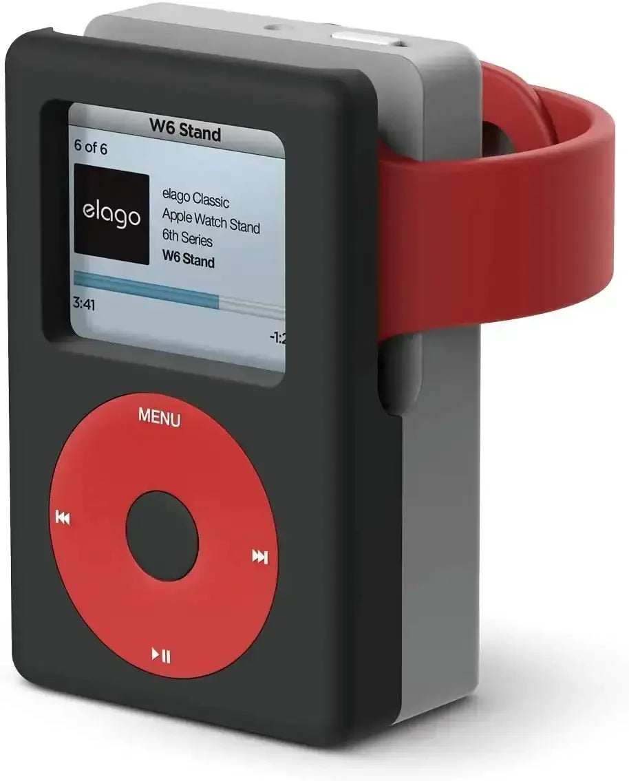 Stojak na Apple Watch w kształcie iPoda z czerwonym paskiem, akcesoria biurowe