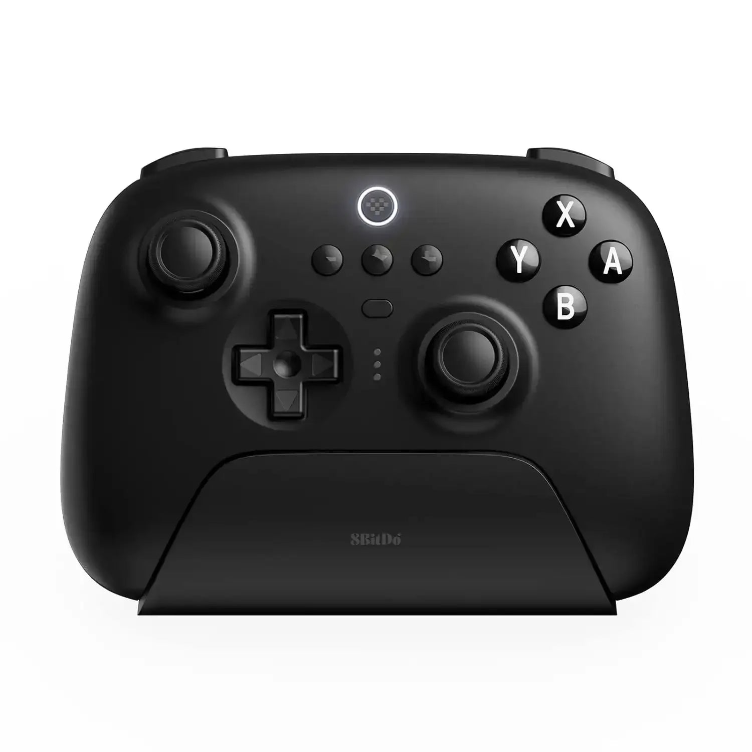 Czarny bezprzewodowy pad do gier 8BitDo z przyciskami XYAB, na białym tle