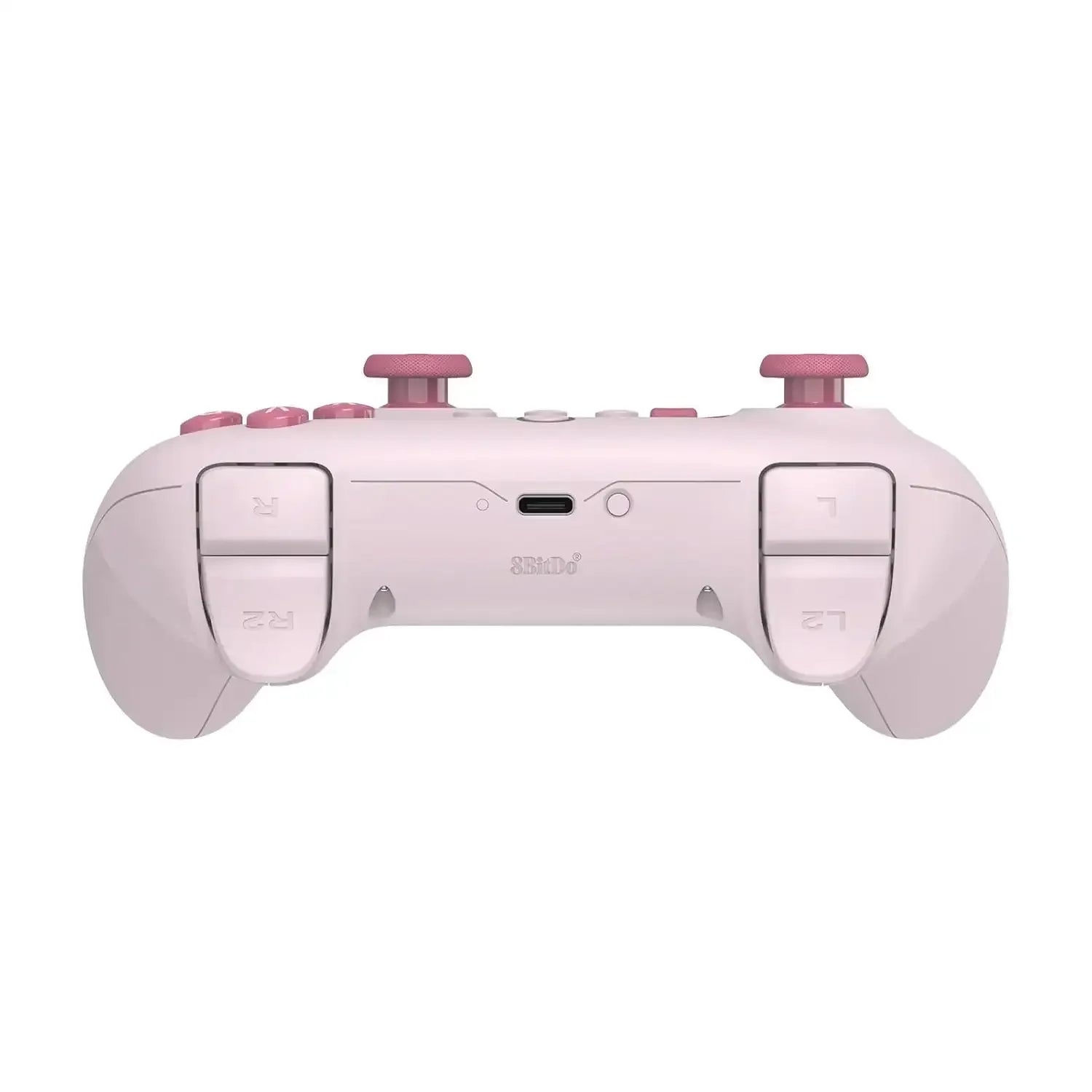 Różowy kontroler do gier 8BitDo z przyciskami i portem USB-C, widok od tyłu
