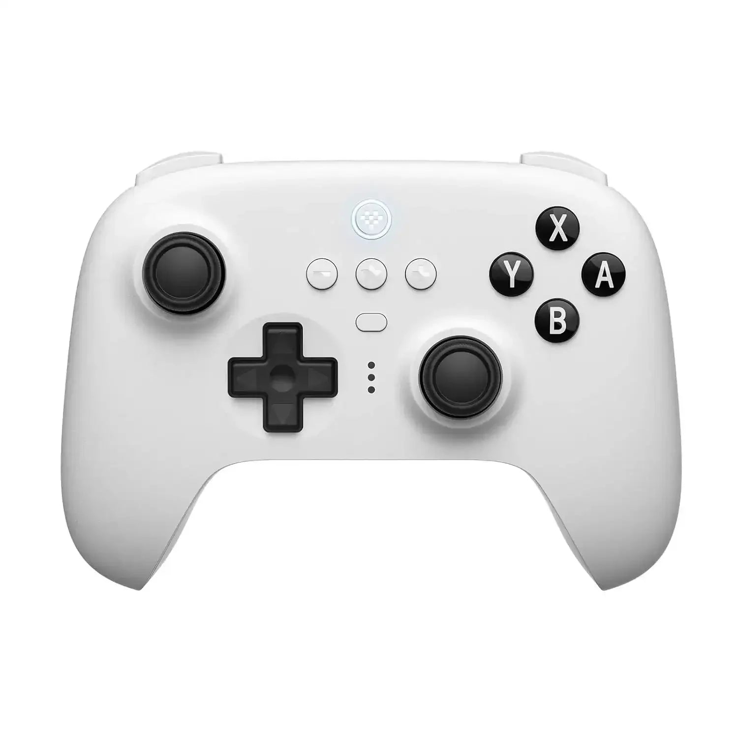 Biały bezprzewodowy kontroler do gier z czarnymi przyciskami i joystickami, widok z przodu.