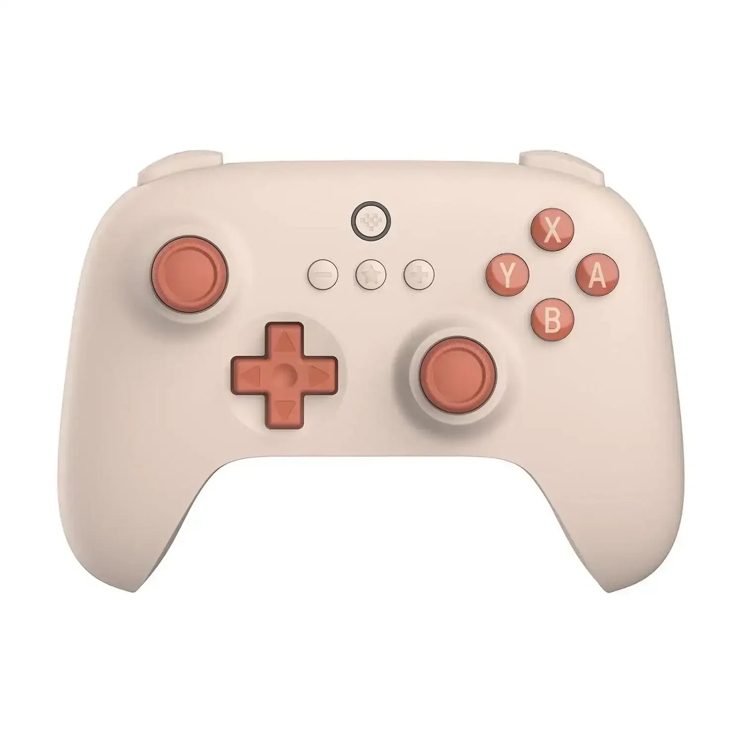 Beżowy kontroler do gier z różowymi przyciskami, nowoczesny gamepad na biurko