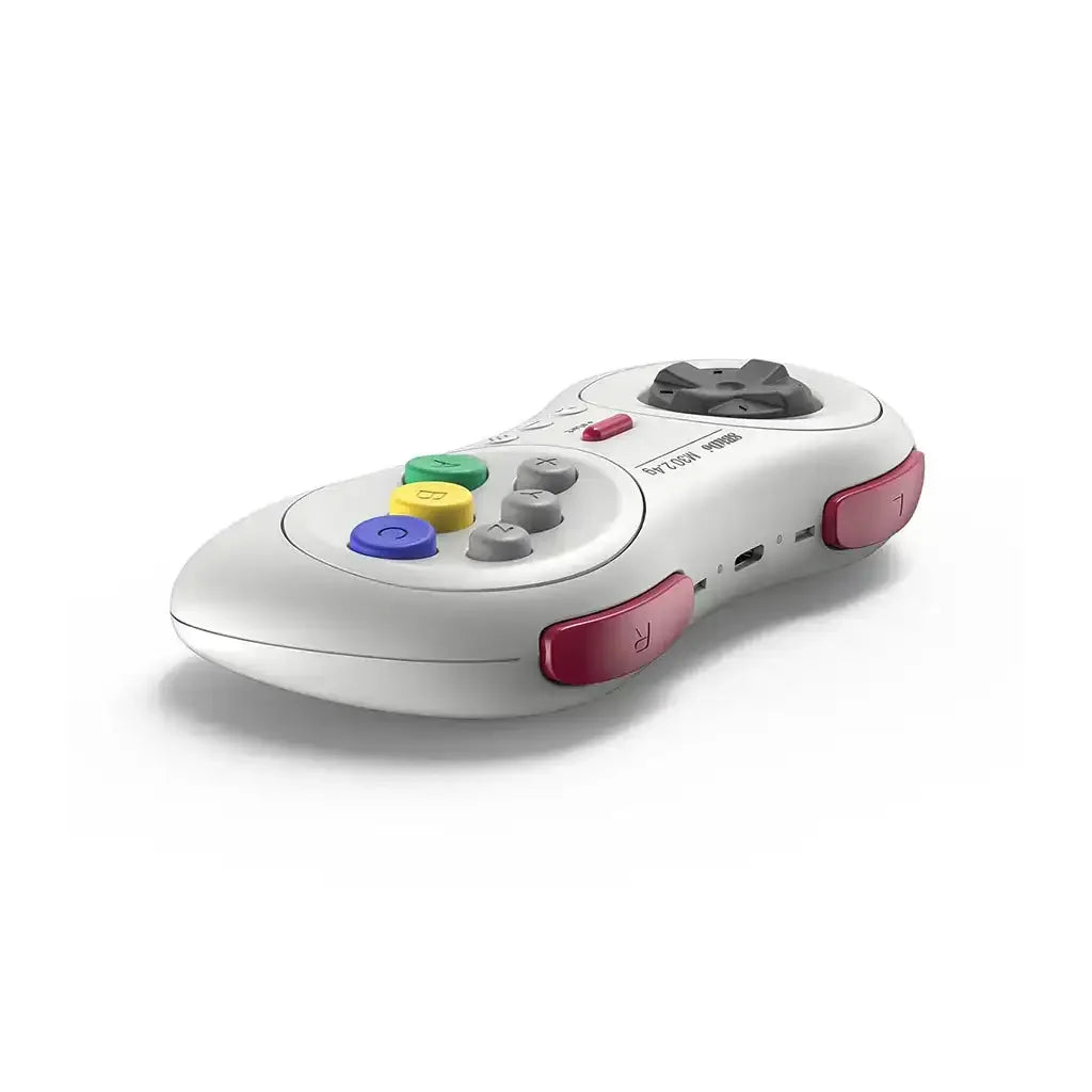 Biały gamepad retro z kolorowymi przyciskami i portem USB, akcesorium do gier
