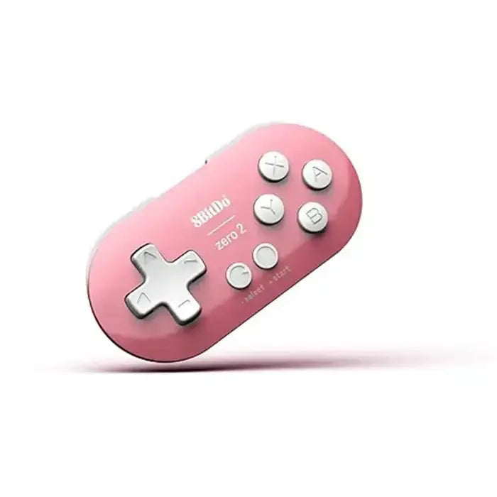 Różowy kontroler gamingowy 8Bitdo Zero 2 na białym tle, kompaktowy pad bluetooth