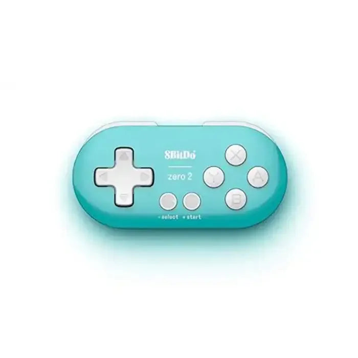 Turkusowy mini kontroler bezprzewodowy 8BitDo Zero 2 z białymi przyciskami, widok z góry
