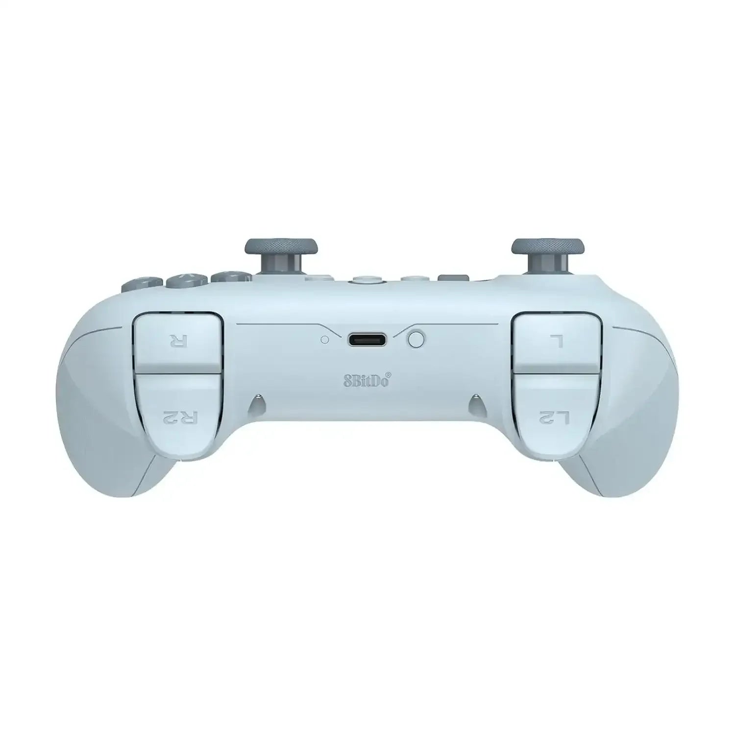 biały bezprzewodowy gamepad z portem USB-C i przyciskami L1, L2, R1, R2, widok z tyłu