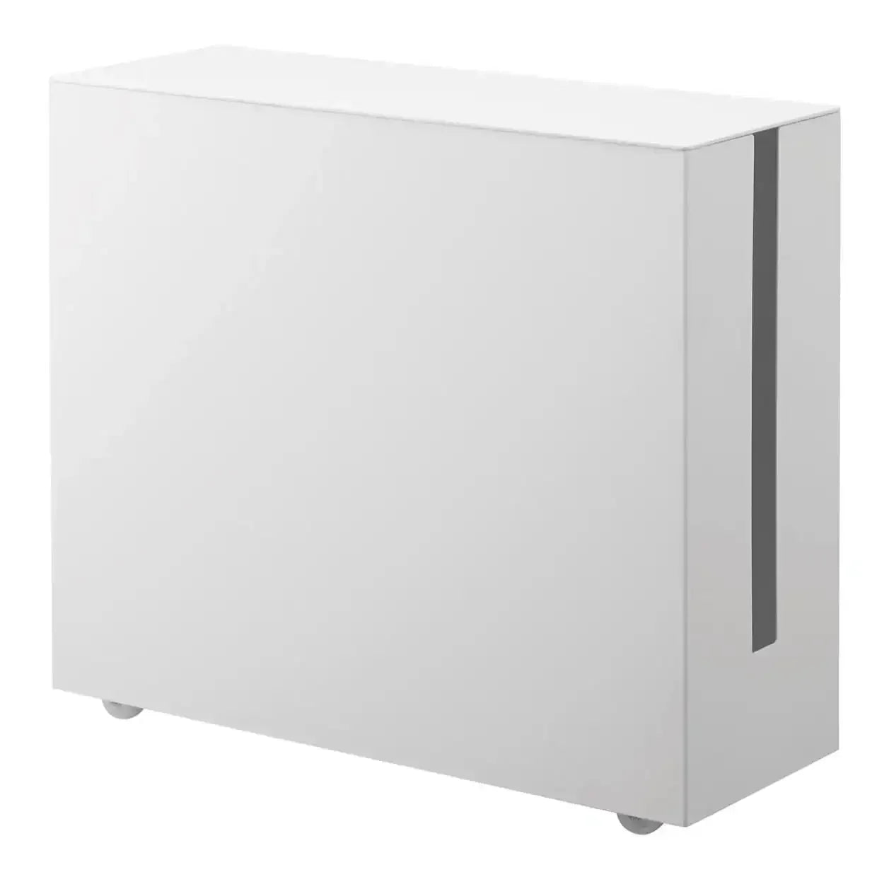 Biały organizer na kable z kółkami, minimalistyczny box biurowy do home office.
