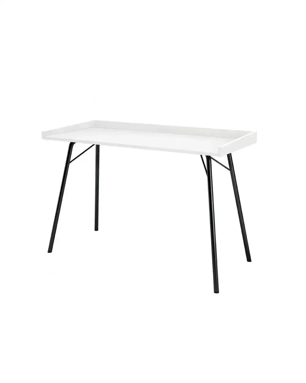 Białe biurko z czarnymi metalowymi nogami, minimalistyczny stół do home office