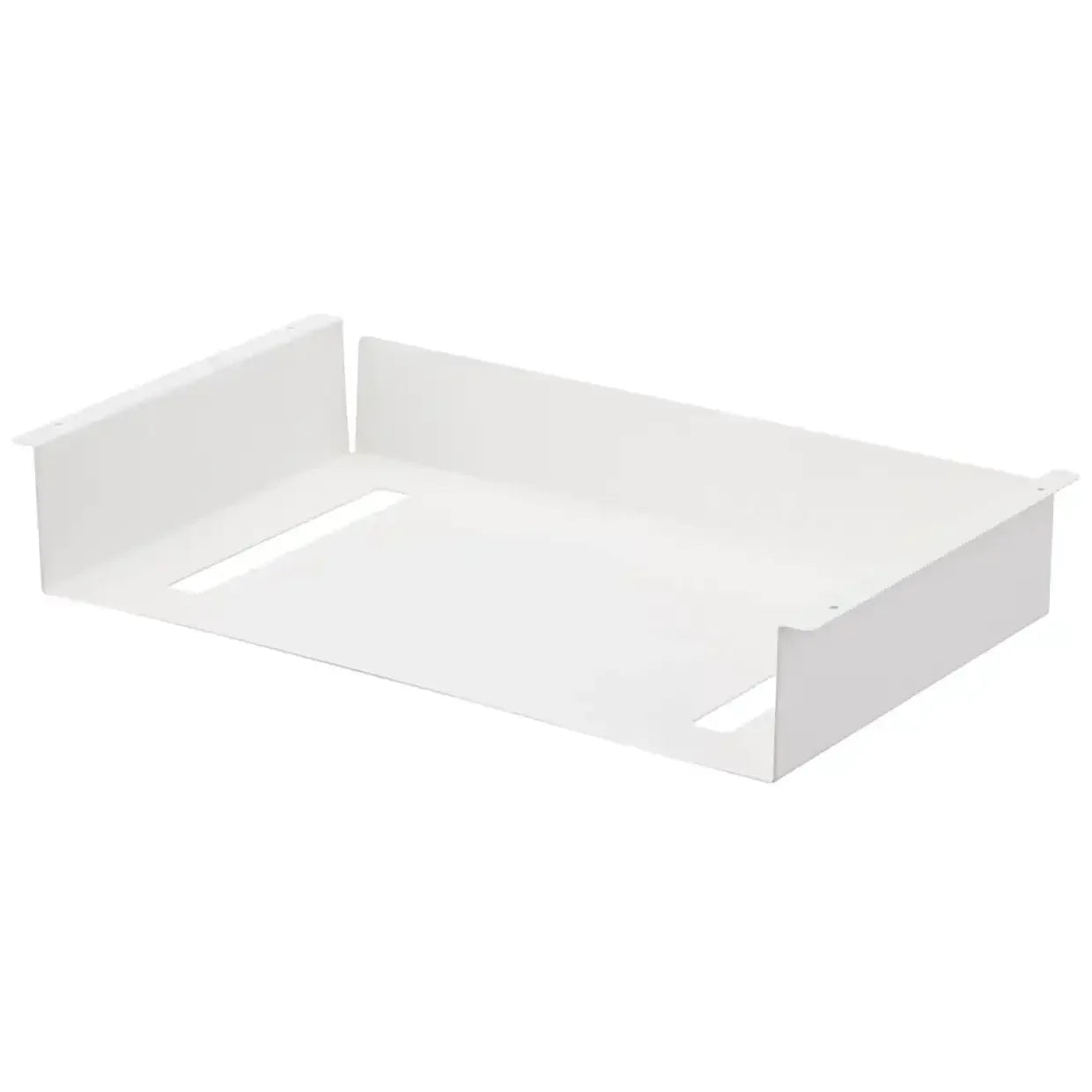 Biała półka pod biurko do organizacji kabli i akcesoriów, metalowa, minimalistyczna