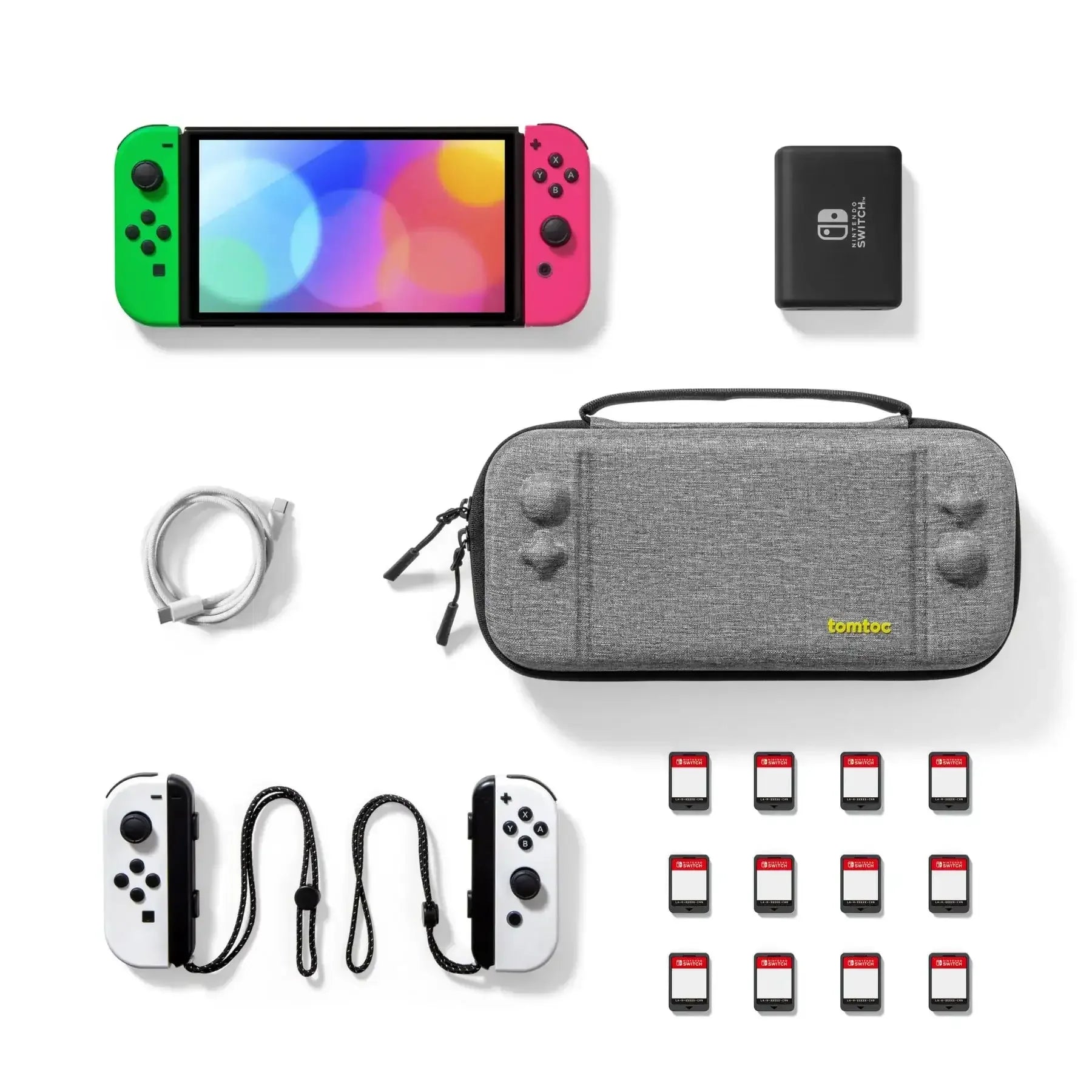 Zestaw akcesoriów do Nintendo Switch: konsola, etui, ładowarka, Joy-Cony, karty pamięci, kabel.
