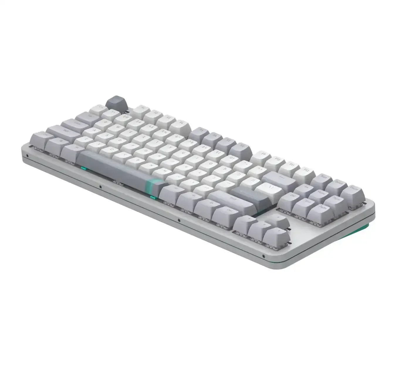 Szara klawiatura mechaniczna TKL z białymi keycapami, idealna do desk setupu i home office