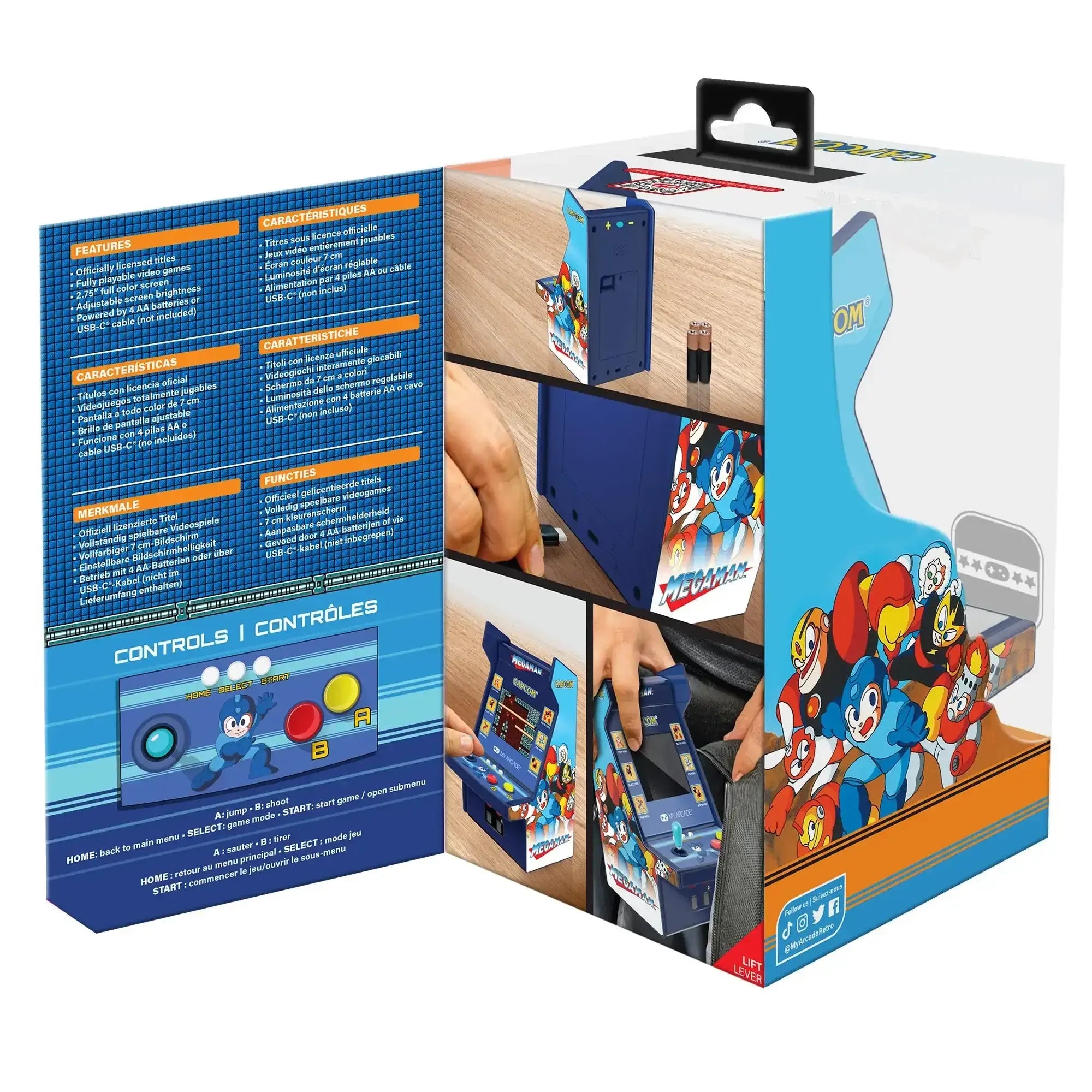 Opakowanie mini automatu arcade Mega Man, z instrukcjami i kolorową grafiką retro.