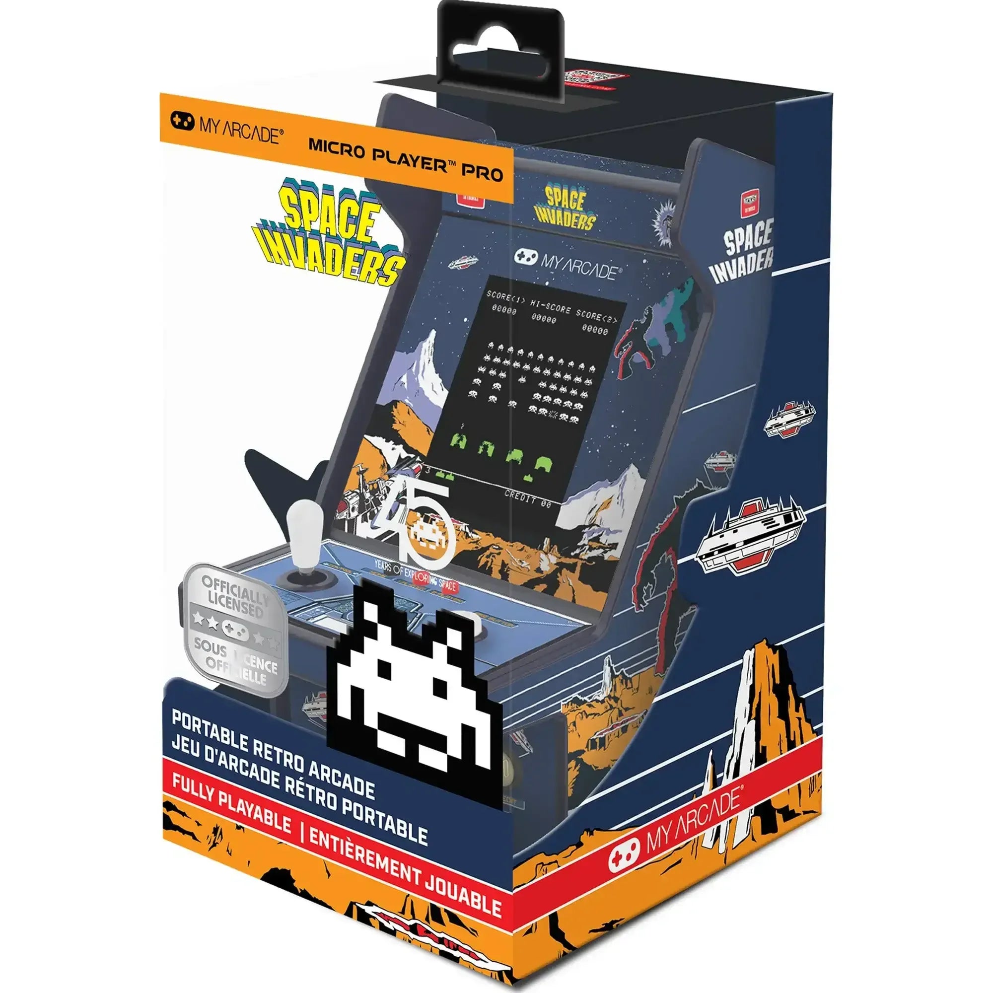 Miniaturowa konsola arcade Space Invaders, retro automat do gier w opakowaniu.