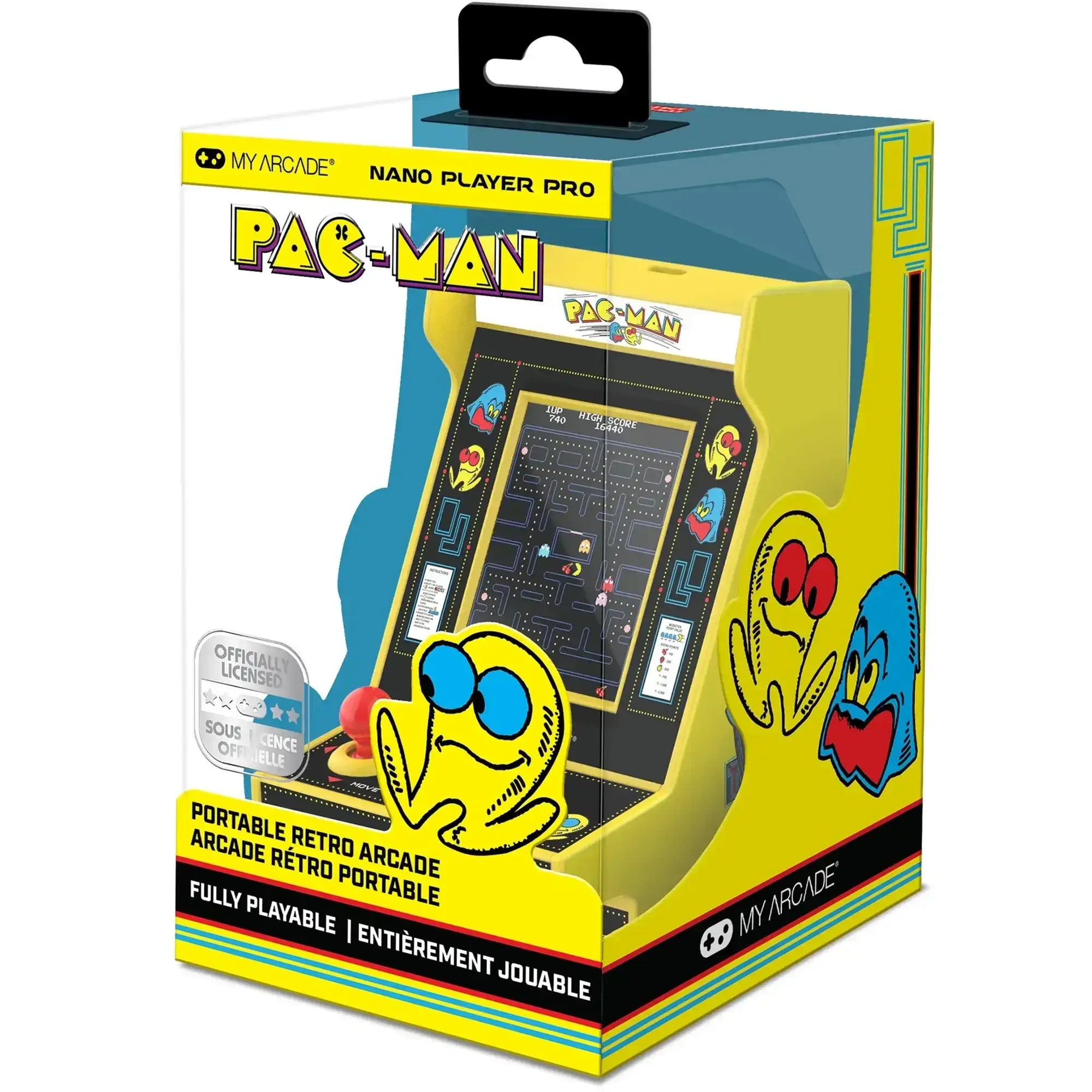 Przenośna retro konsola Pac-Man Nano Player Pro w żółtym opakowaniu, gadżet gamingowy do biura