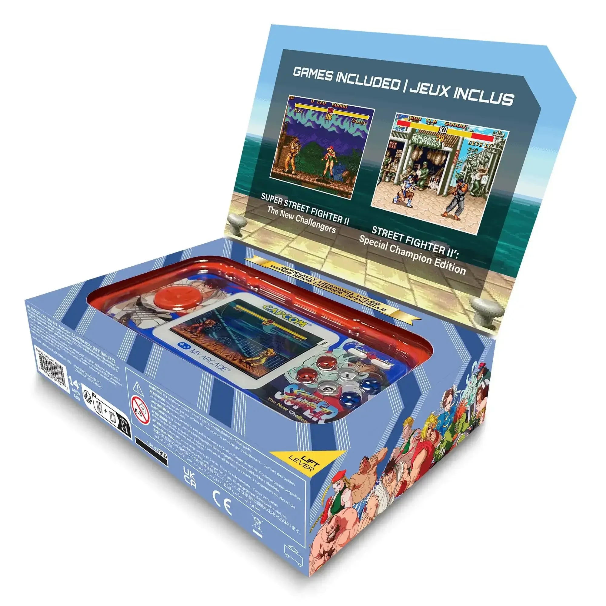 Retro konsola arcade w pudełku, widoczne gry Street Fighter II i przyciski sterujące