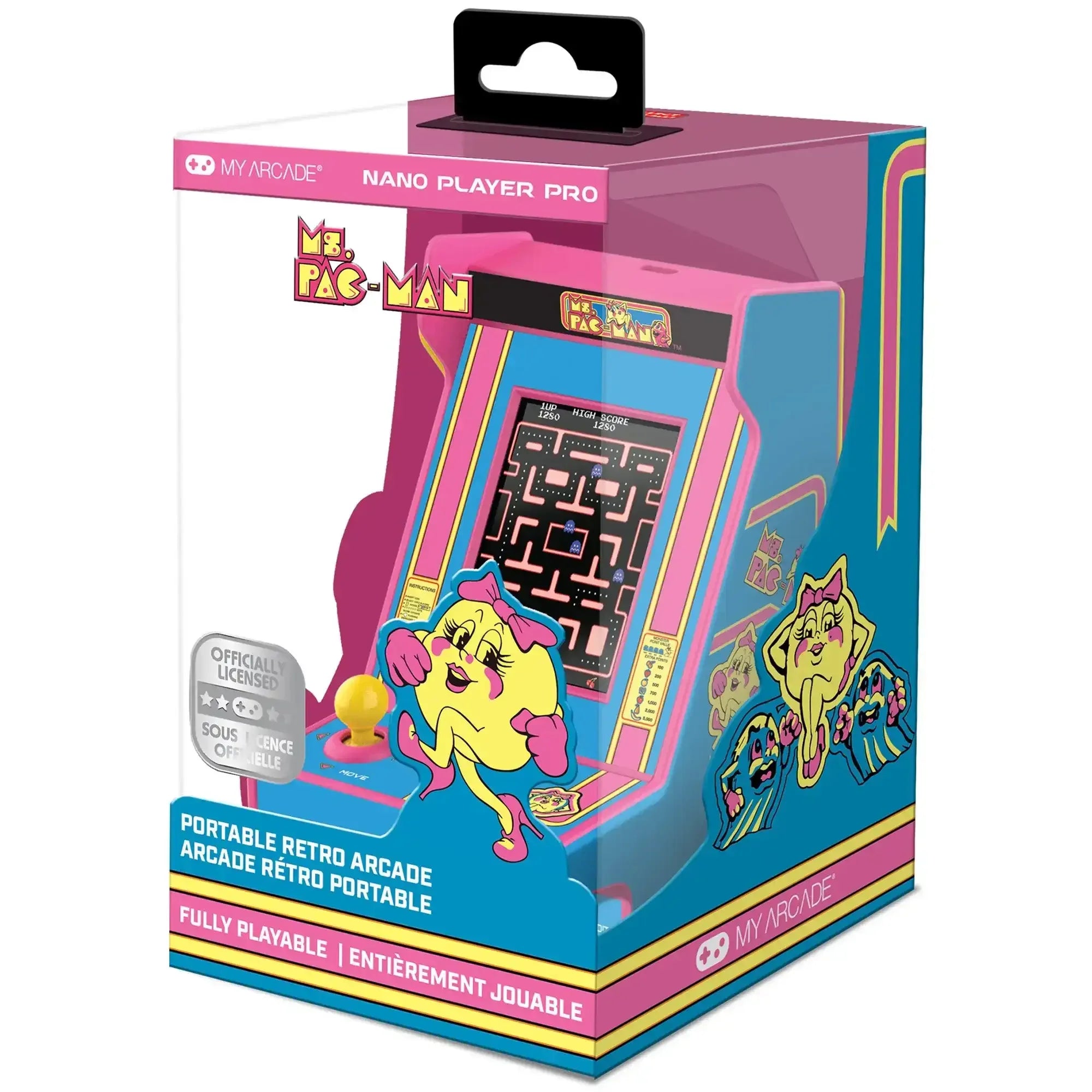 Przenośna retro konsola arcade Ms. Pac-Man w kolorowym opakowaniu, mini automat do gier