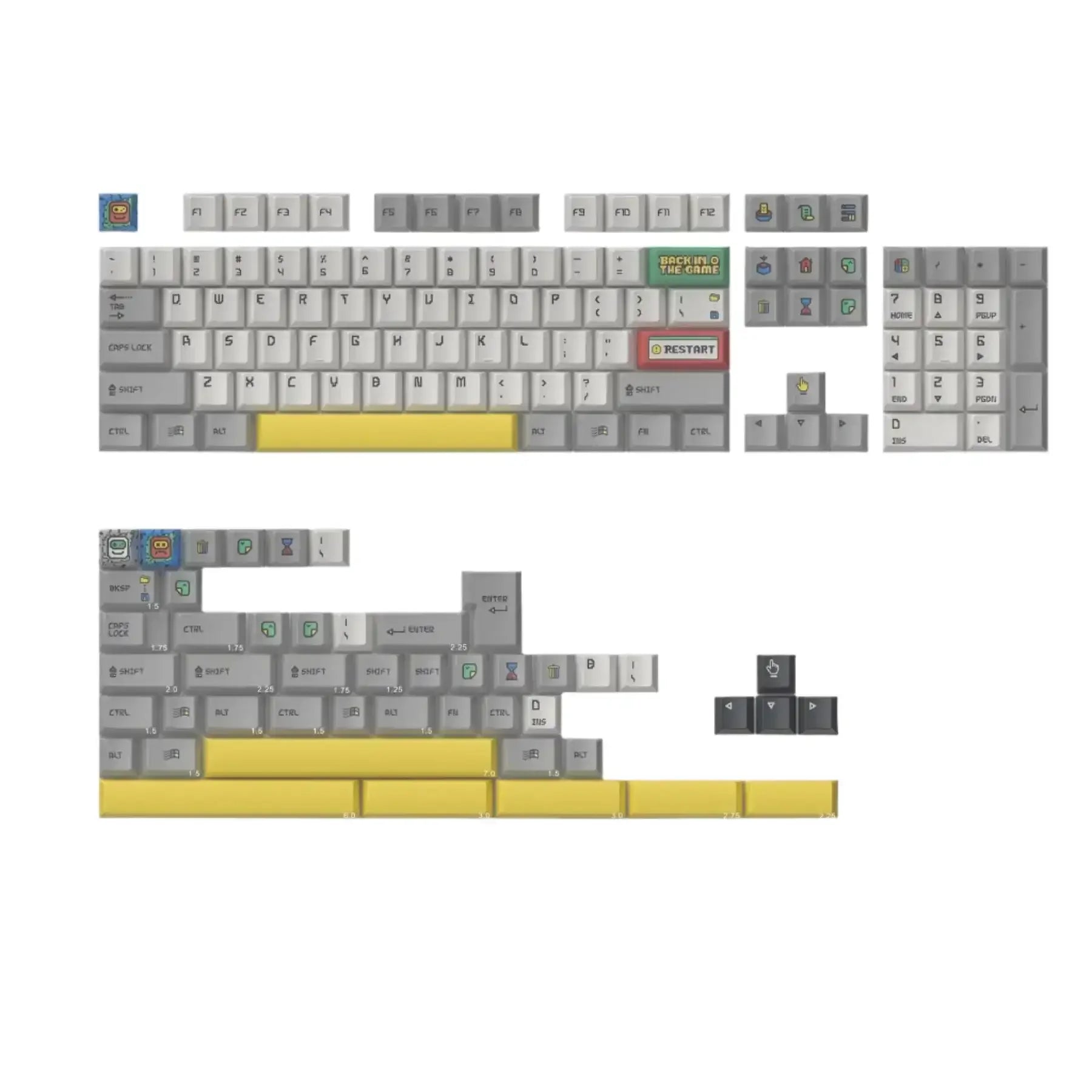 Zestaw keycapów do klawiatury mechanicznej, szare i żółte, z motywami retro i ikonami.