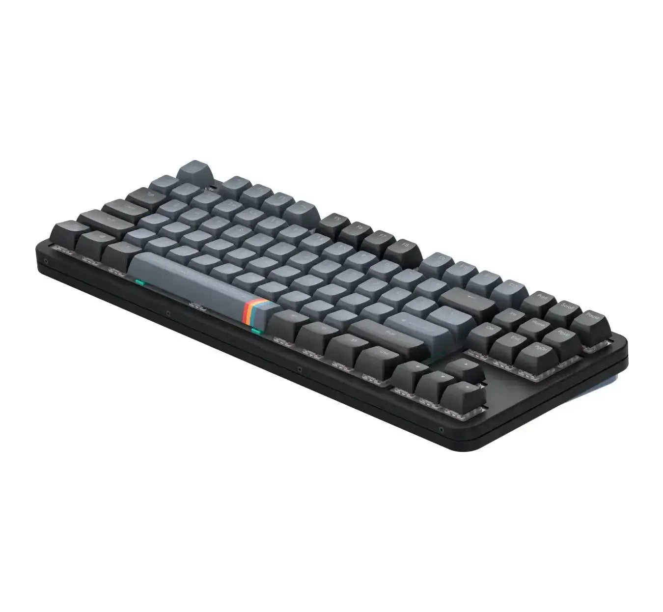 Czarna klawiatura mechaniczna z szarymi keycapami i kolorowym paskiem na spacji, idealna do biura.