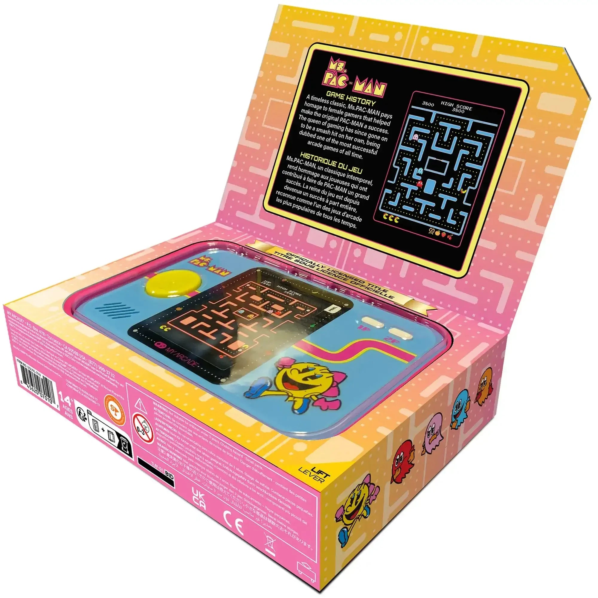 Konsola retro Ms. Pac-Man w kolorowym opakowaniu, widoczny ekran z grą arcade
