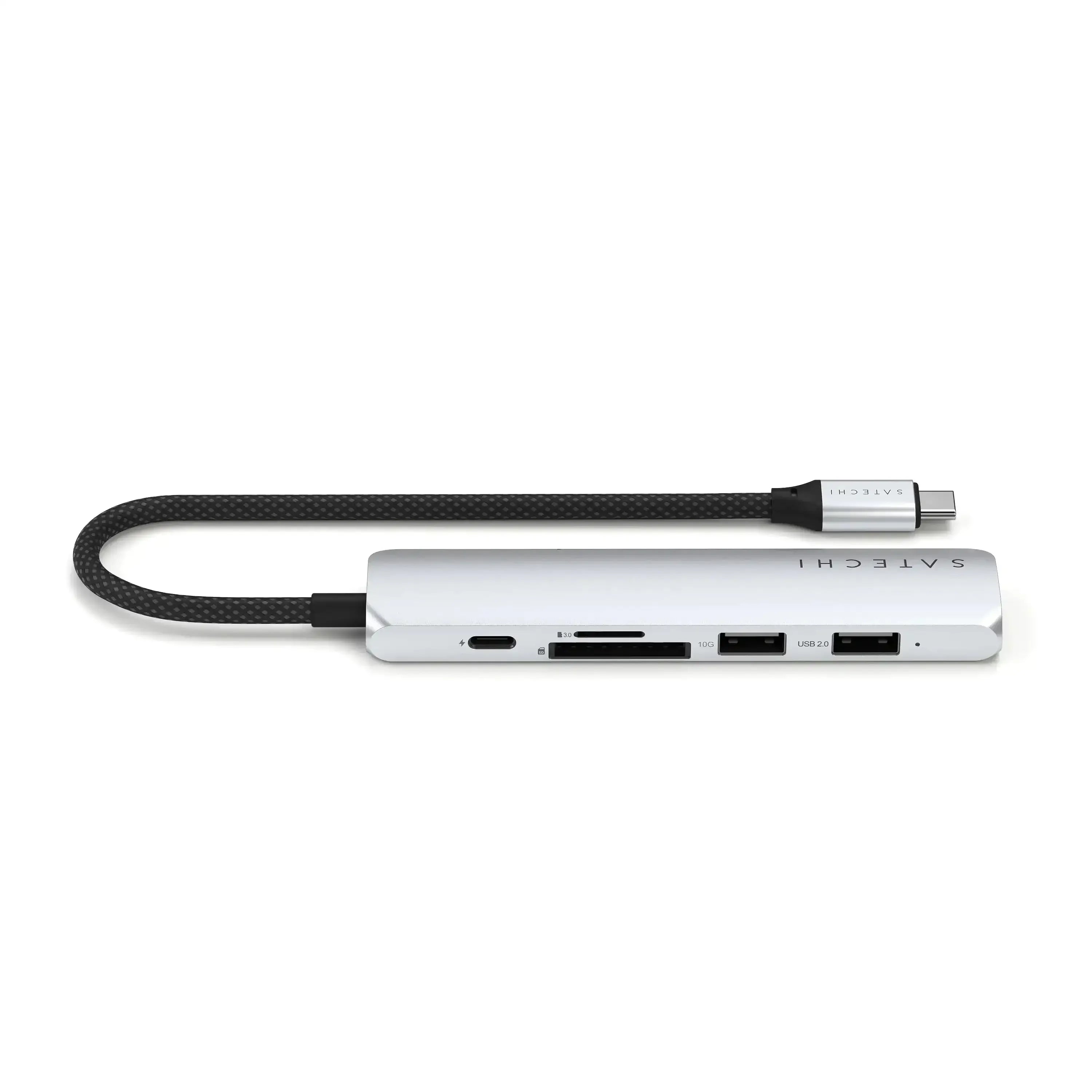 Srebrny adapter USB-C wieloportowy, smukły hub ze złączami USB, SD, HDMI do biura