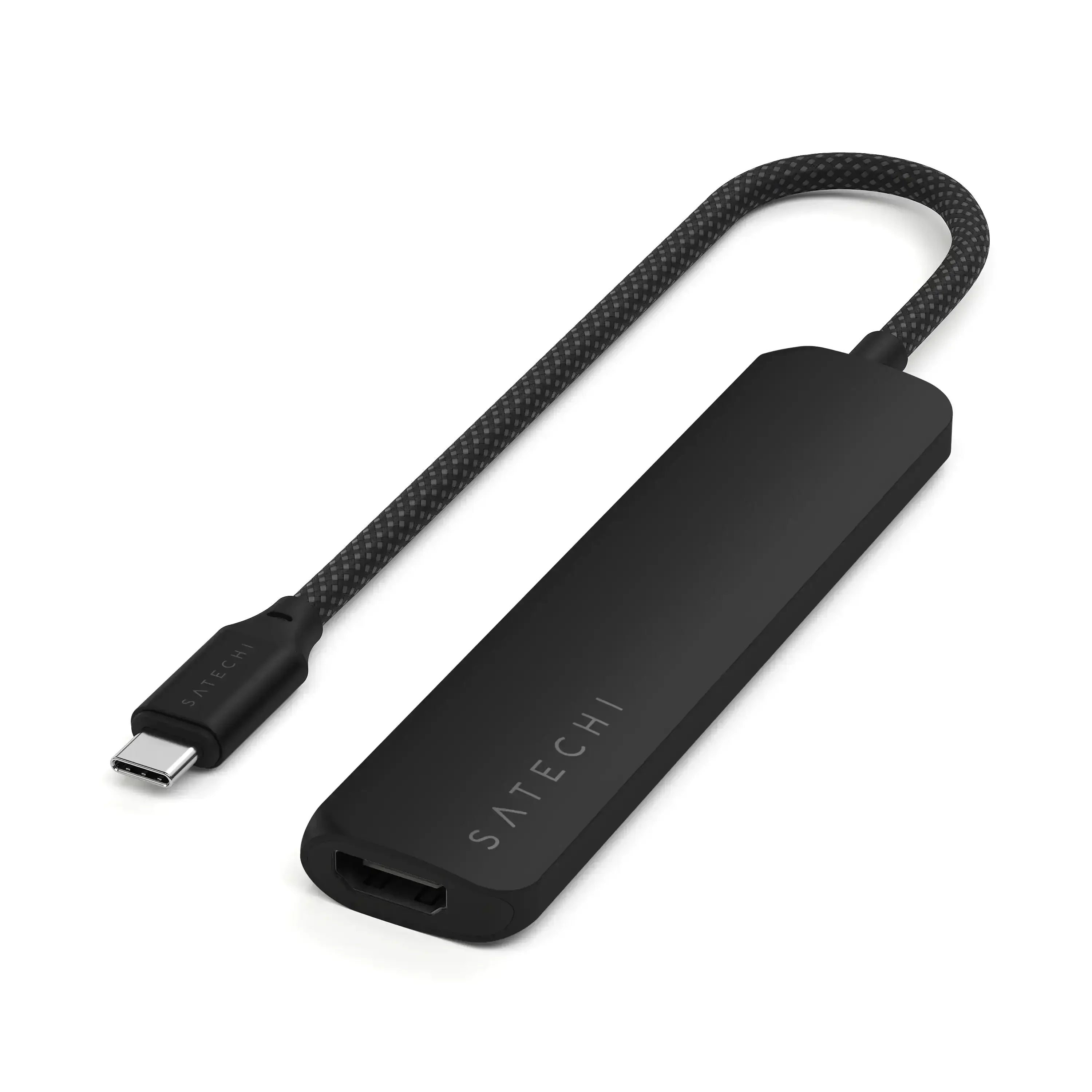 Czarny, smukły adapter USB-C multiport do biura, kabel w oplocie, widoczne kilka portów