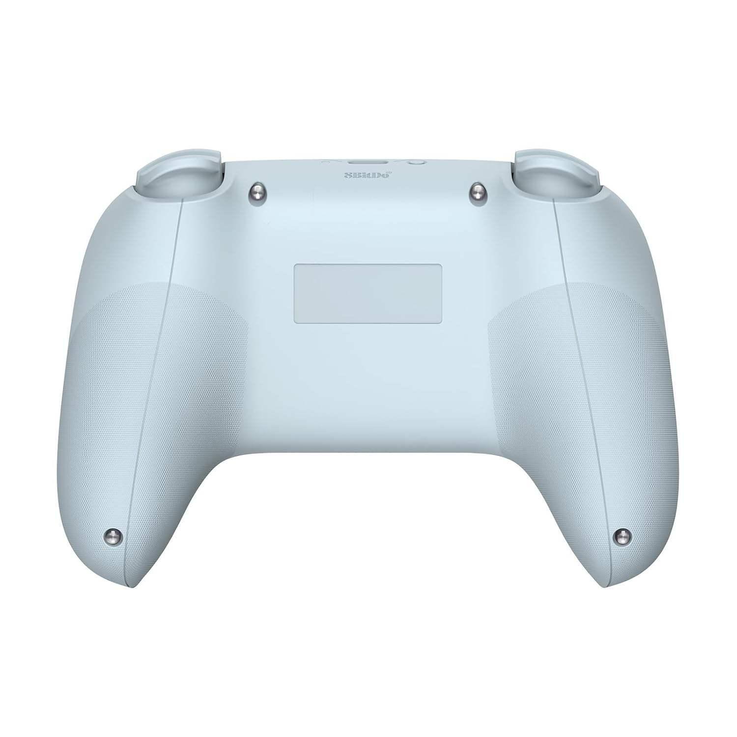 Jasnoniebieski kontroler do gier widok od tyłu, ergonomiczny design, teksturowane uchwyty