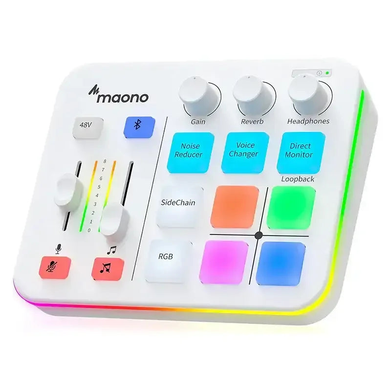 Biały kontroler audio z kolorowymi podświetlanymi przyciskami, pokrętłami i suwakami.