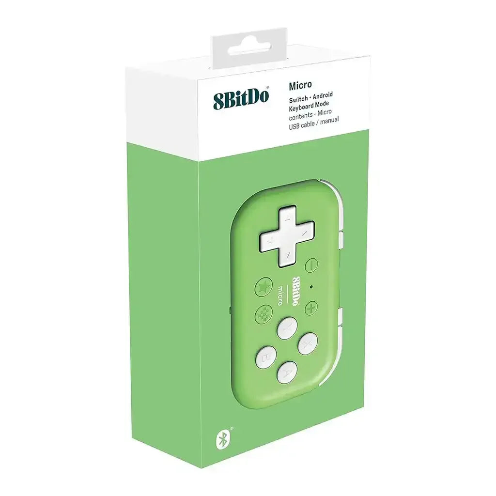 Zielony mini kontroler Bluetooth 8BitDo Micro w opakowaniu, kompatybilny ze Switch i Android