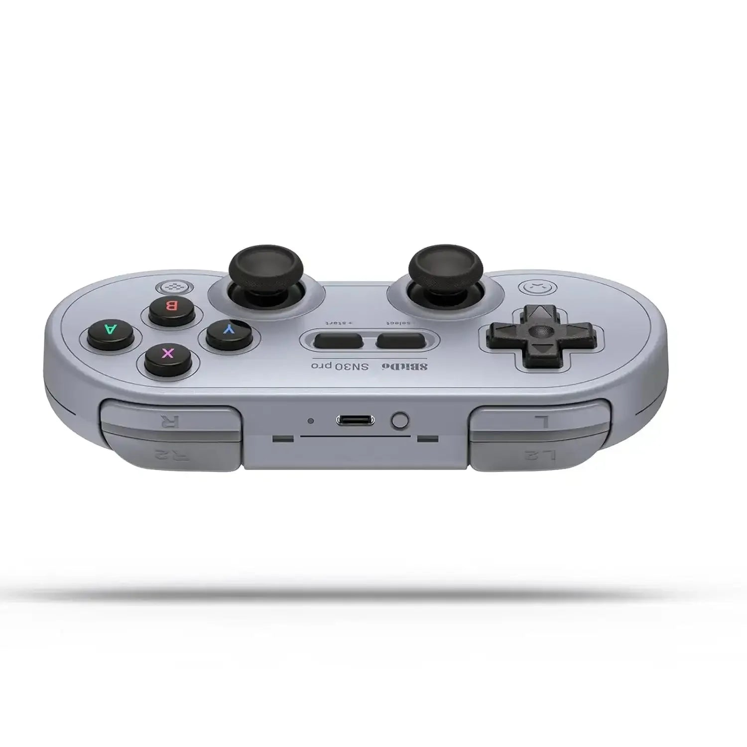 Bezprzewodowy pad do gier retro z joystickami i przyciskami, szary kontroler gamingowy