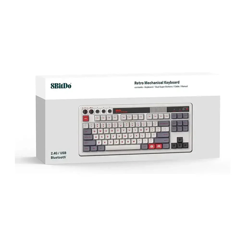 Pudełko z retro klawiaturą mechaniczną 8BitDo, bezprzewodową Bluetooth USB, w stylu vintage.