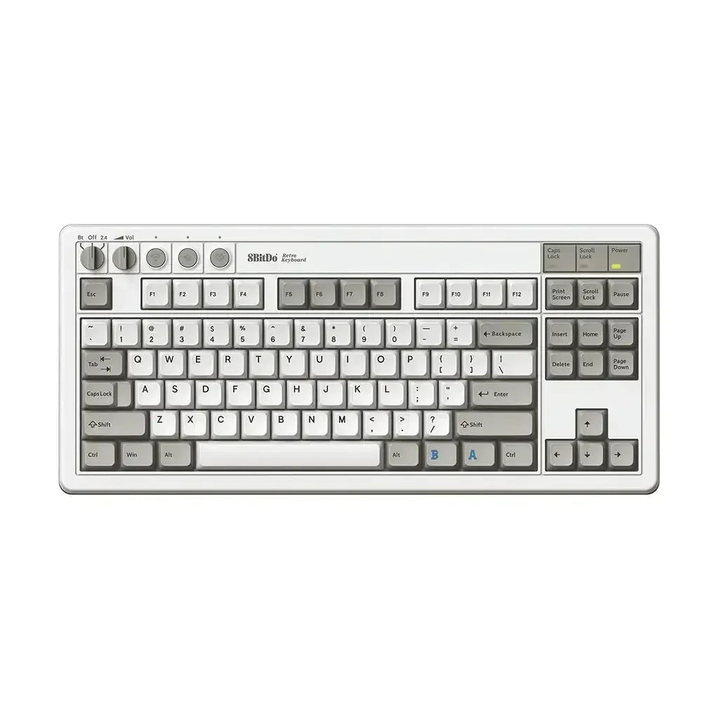 Klawiatura mechaniczna 8BitDo Retro, biała z szarymi keycapami, styl vintage, kompaktowa.