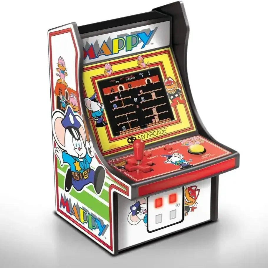 Miniaturowy automat arcade Mappy z joystickiem, kolorową grafiką i retro ekranem gry.