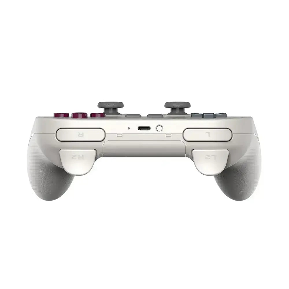 Biały kontroler do gier, widok z góry na przyciski L1, L2, R1, R2 i wejście USB-C.