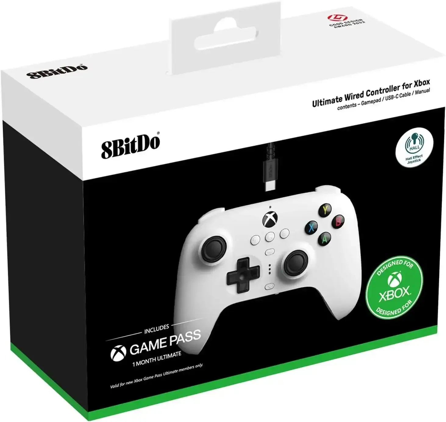 Biały kontroler przewodowy 8BitDo Ultimate do Xbox w opakowaniu, gamepad USB-C