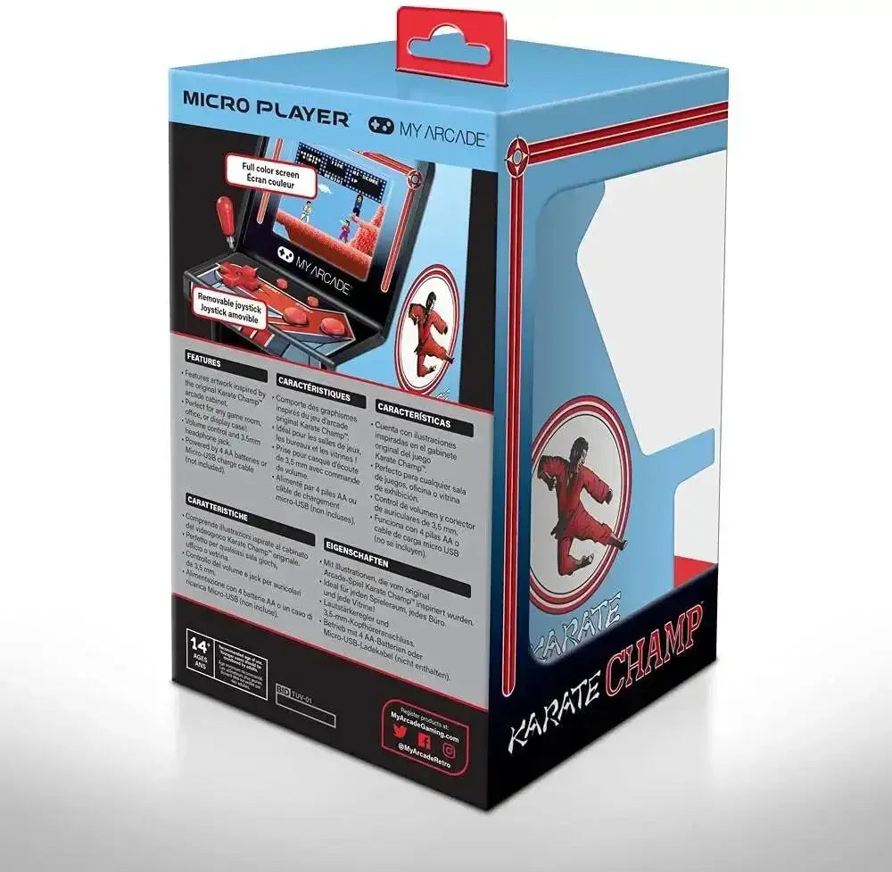 Opakowanie retro gry arcade Karate Champ Micro Player z kolorowym ekranem i joystickiem.