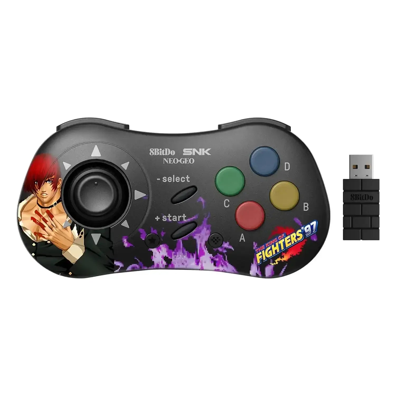 Czarny bezprzewodowy gamepad 8BitDo SNK NeoGeo z motywem King of Fighters 97 i odbiornikiem USB