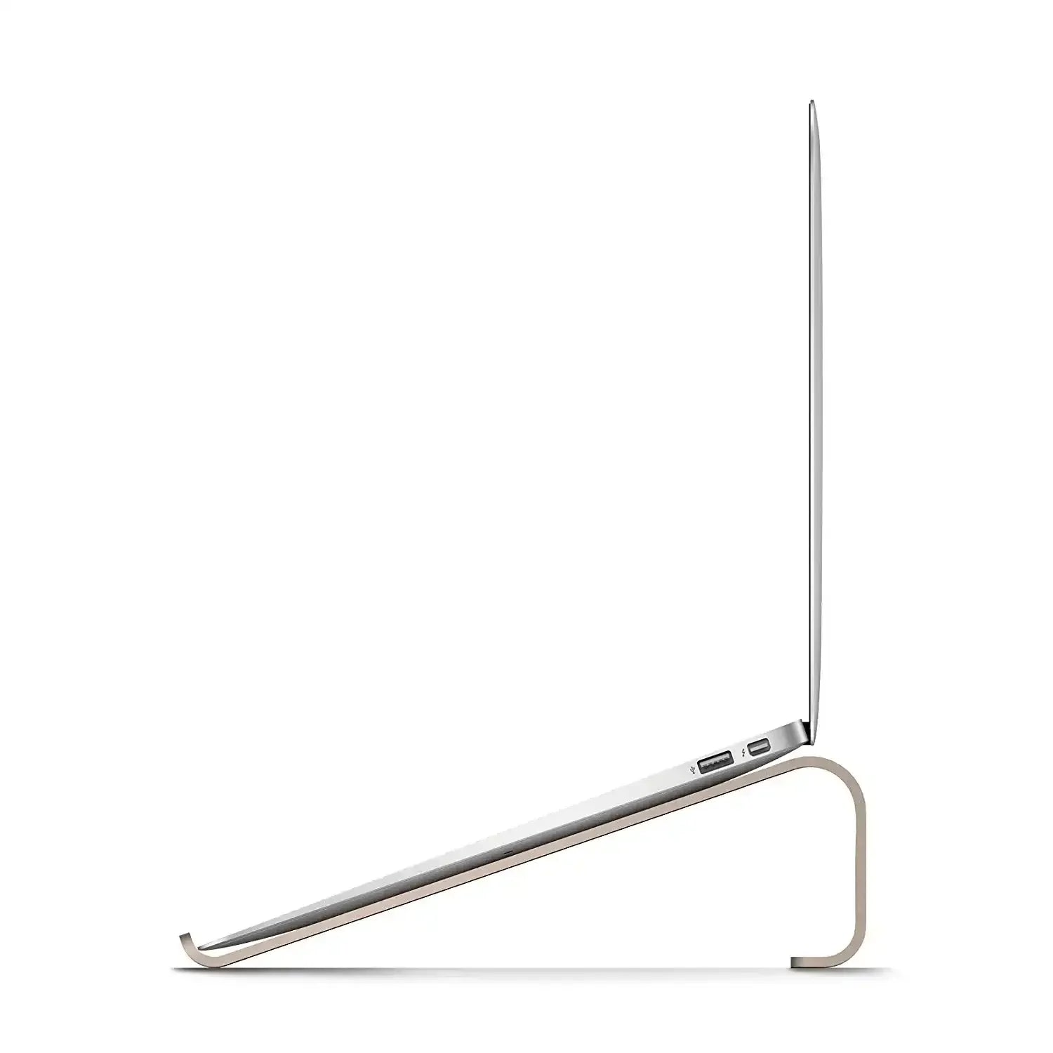 Aluminiowy stojak na laptopa do biura, widok z boku, minimalistyczny design