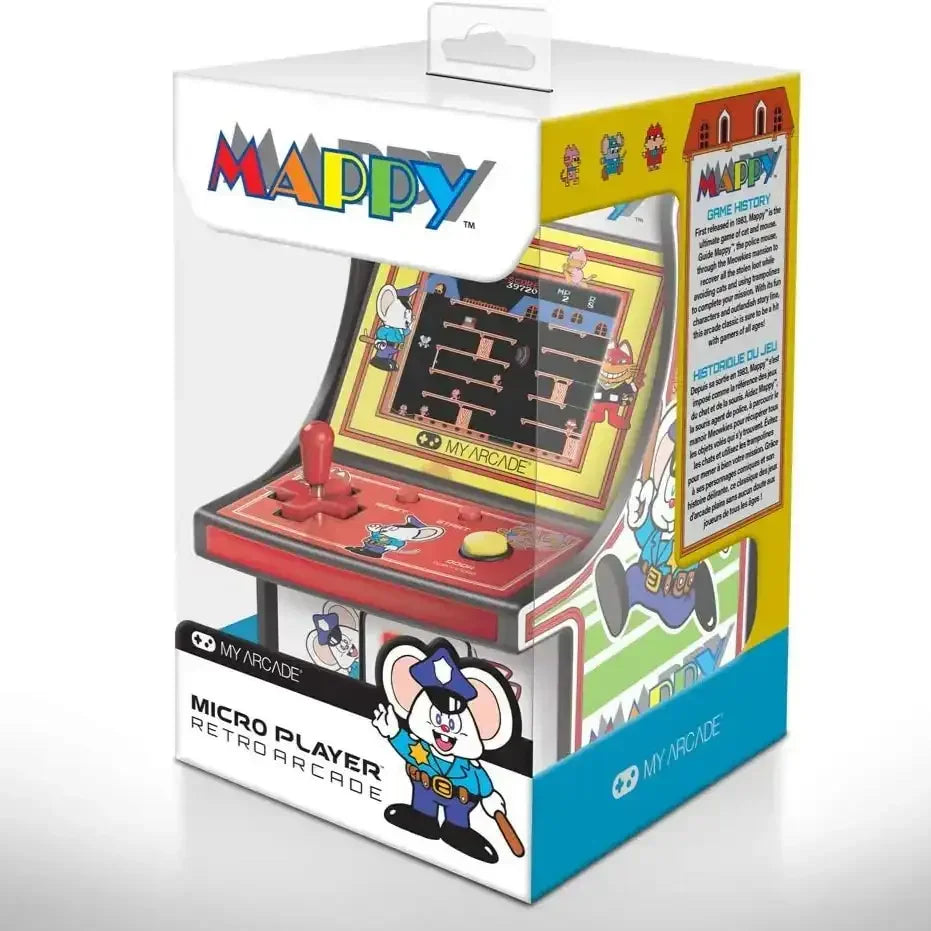 Miniaturowa konsola retro arcade Mappy, joystick, kolorowe opakowanie, gra zręcznościowa.