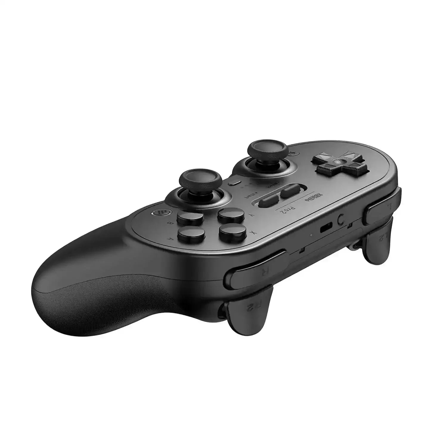 Czarny gamepad bezprzewodowy, nowoczesny kontroler do gier z gałkami i przyciskami