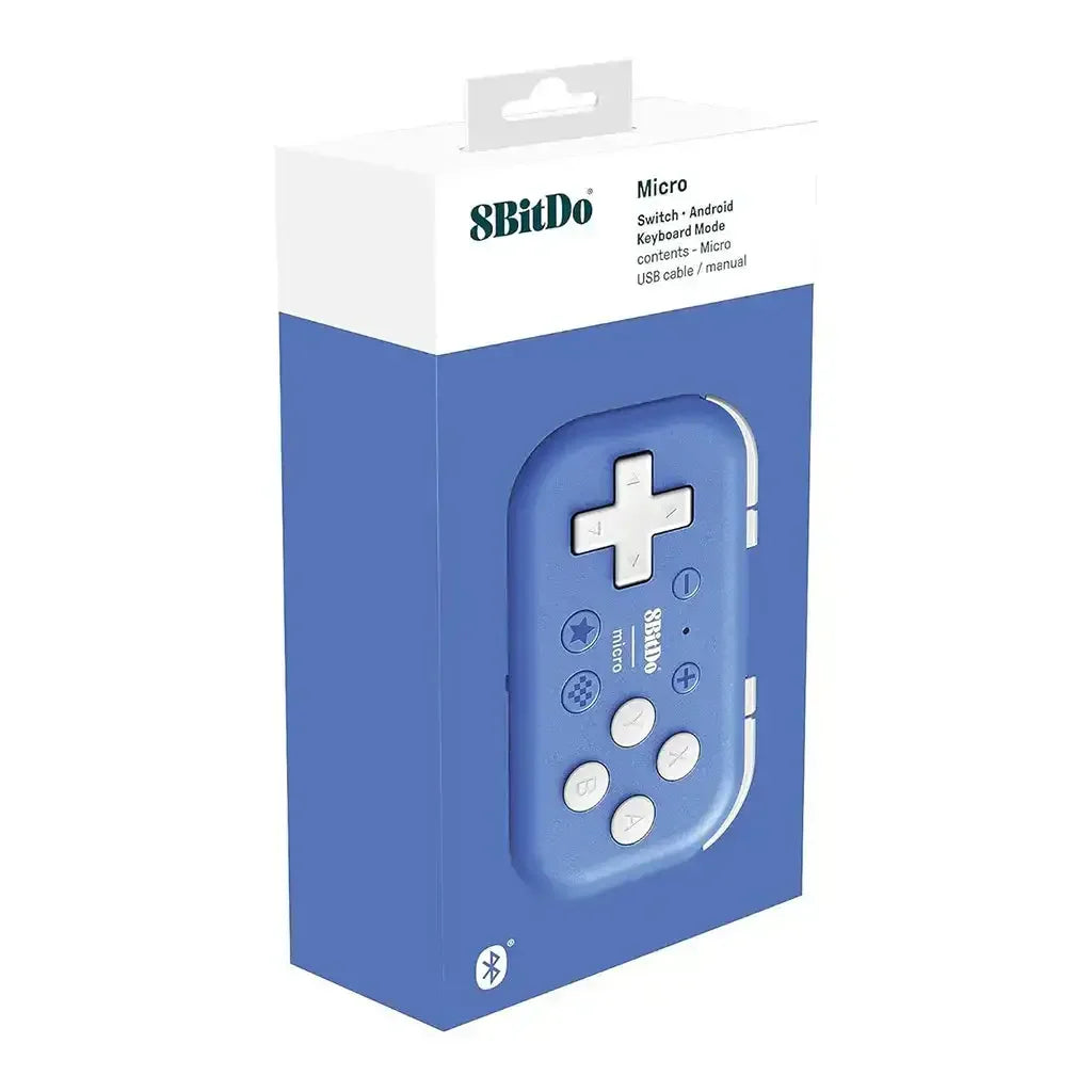 Niebieski kontroler 8BitDo Micro w opakowaniu, kompatybilny z Nintendo Switch i Android