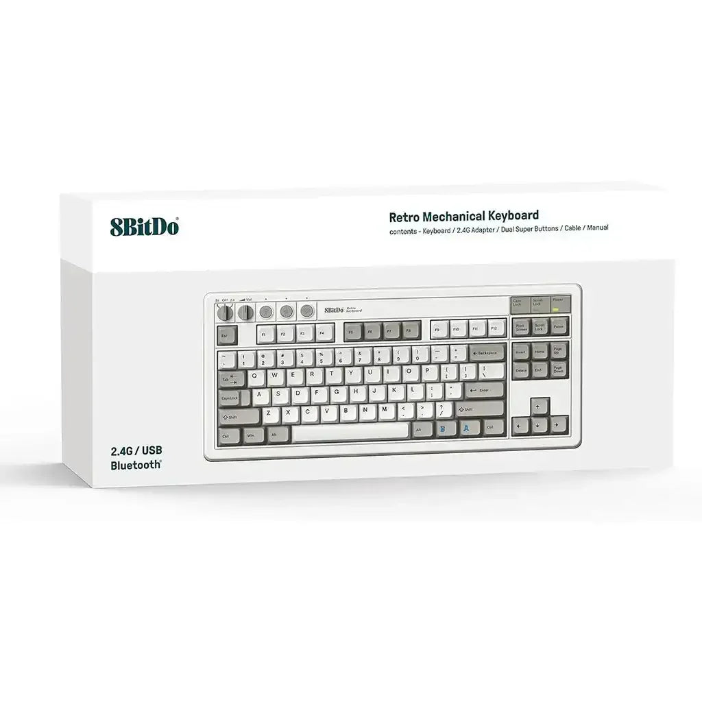 Klawiatura mechaniczna retro 8BitDo w pudełku z łącznością USB i Bluetooth