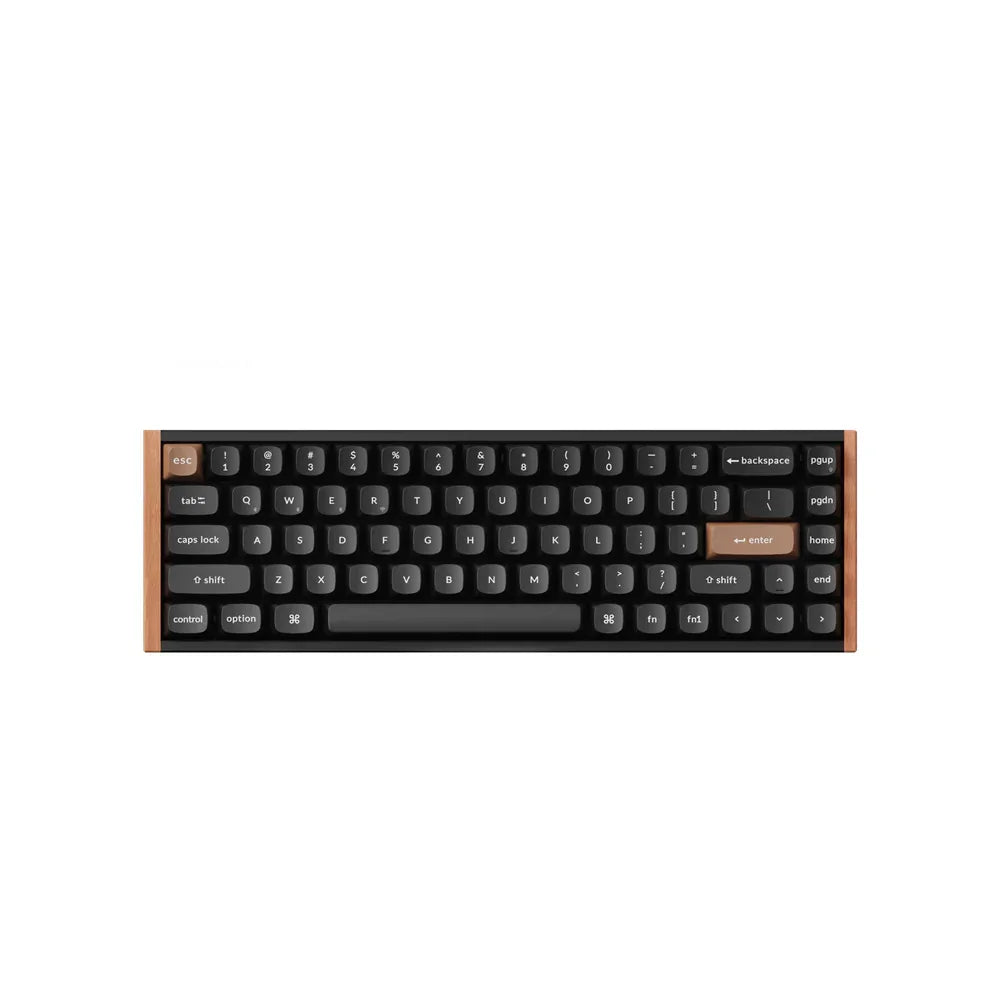 Mechaniczna klawiatura z drewnianymi bokami i personalizowanymi keycapami do home office
