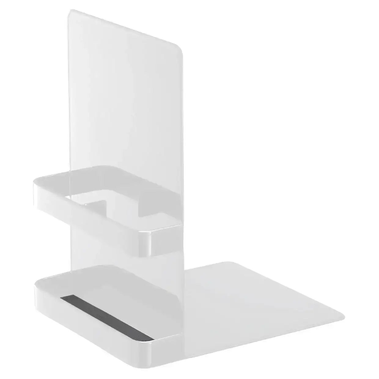 Biały metalowy podpórnik na książki z półkami, akcesorium biurowe na biurko
