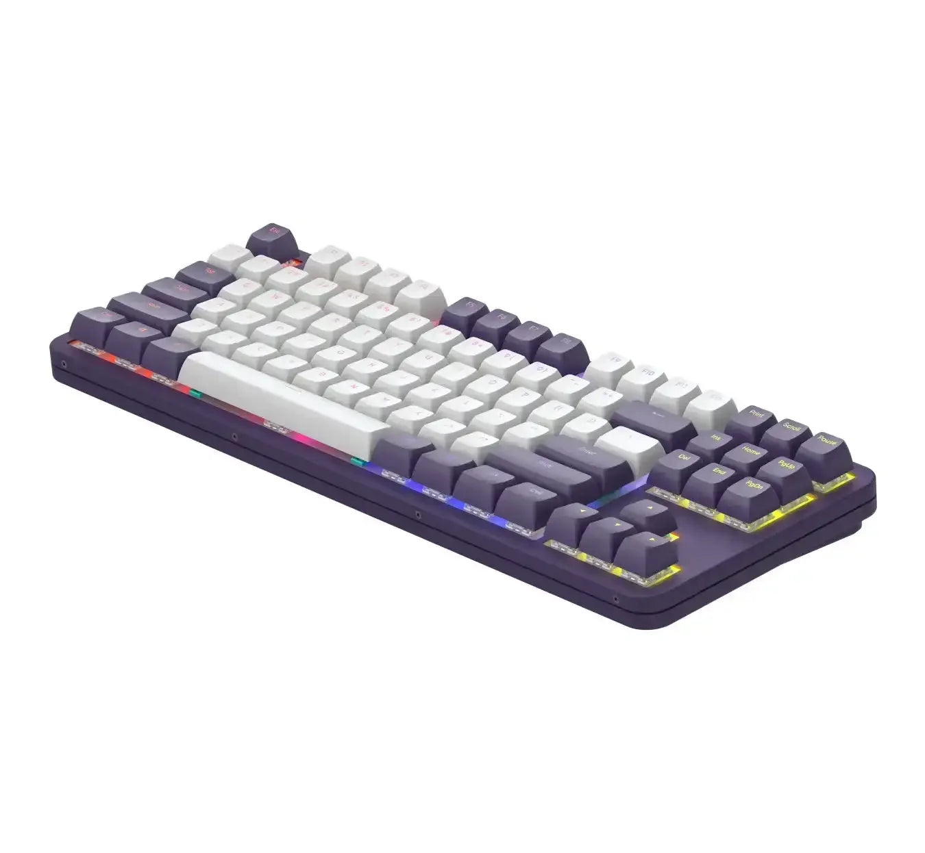 mechaniczna klawiatura biurowa z podświetleniem RGB, fioletowa obudowa, białe klawisze