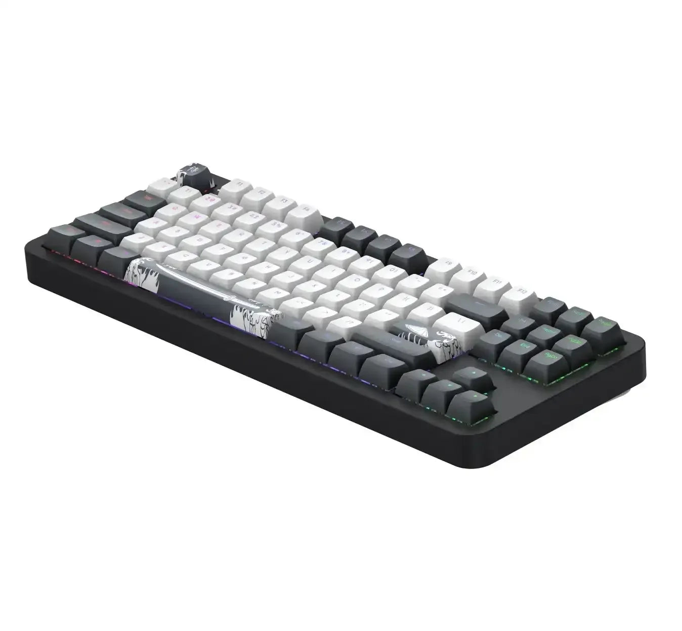 Klawiatura mechaniczna z czarno-białymi keycapami, podświetleniem RGB i wzorami na klawiszach.