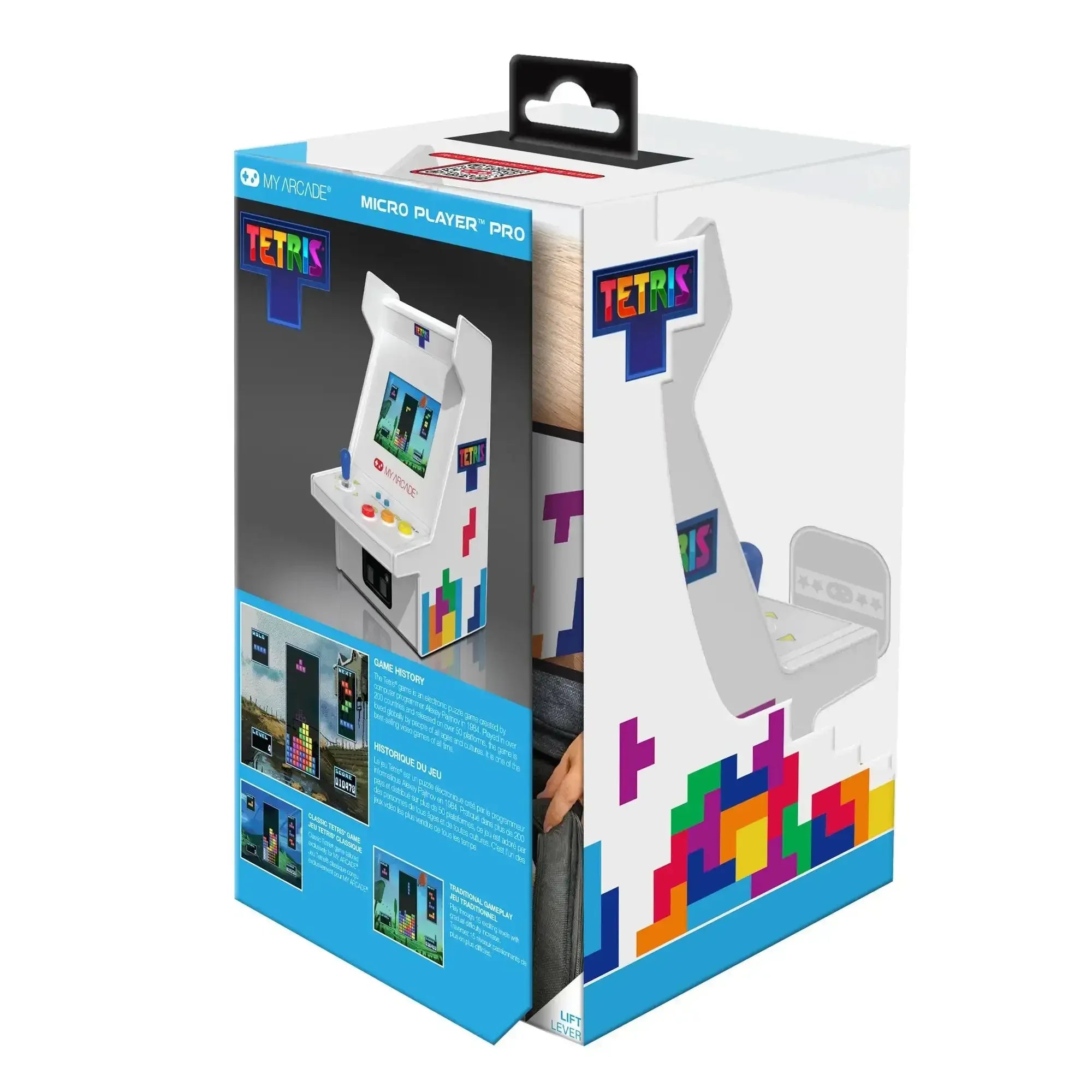 Opakowanie miniaturowego automatu arcade Tetris, biały design z kolorowymi klockami, idealny gadżet na biurko.