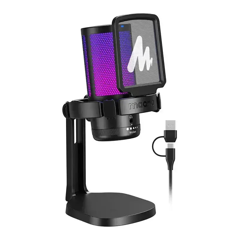 Mikrofon USB na statywie z podświetleniem RGB, pop filtrem i kablem do biura lub home office.